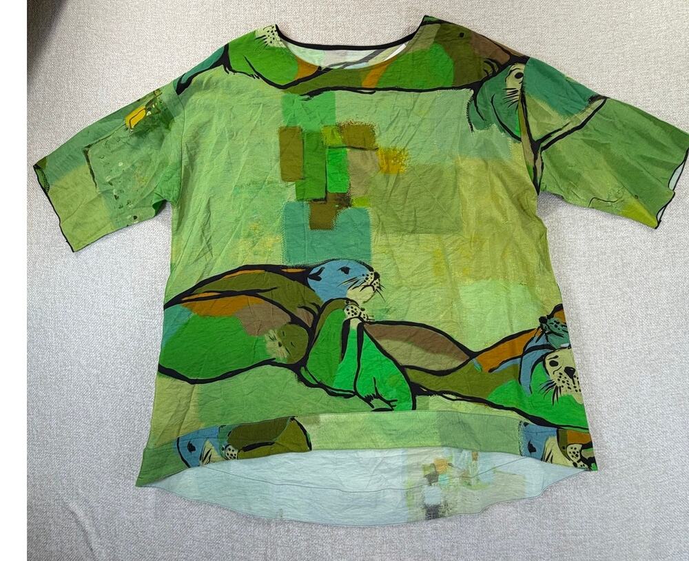 3 Potato Women Lime Green M NWT Seala Abstract Artsy Hobo Tunic Top Blouse